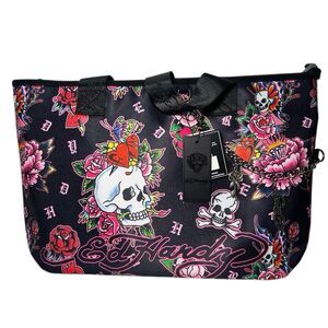 NWT Y2K Ed Hardy Tattoo Graphic Print Canvas Tote Black Pink Skull Floral Travel